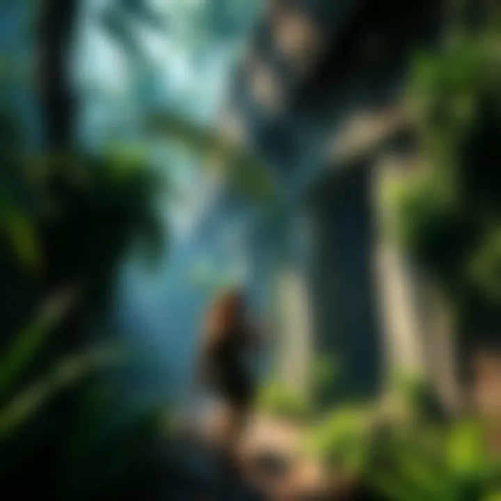 Tomb Raider Gameplay Screenshot Tomb Raider character exploring an ancient ruin in the jungle, with lush greenery surrounding her.