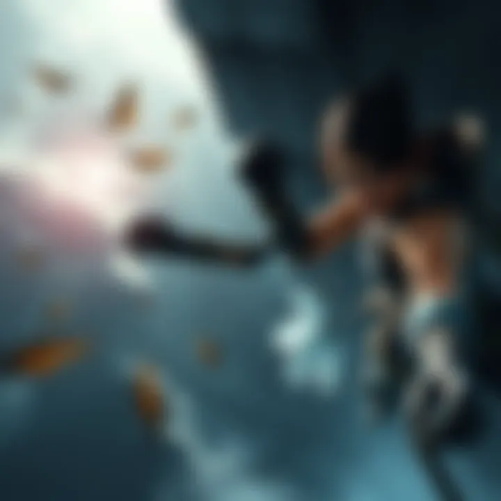 Tomb Raider character reaching for a ledge A Tomb Raider character attempting to grab a ledge mid-fall during gameplay