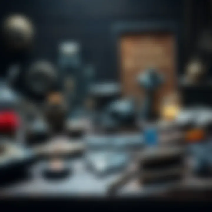 A collection of various Tomb Raider artifacts, including ancient relics and in-game treasures, displayed on a wooden table