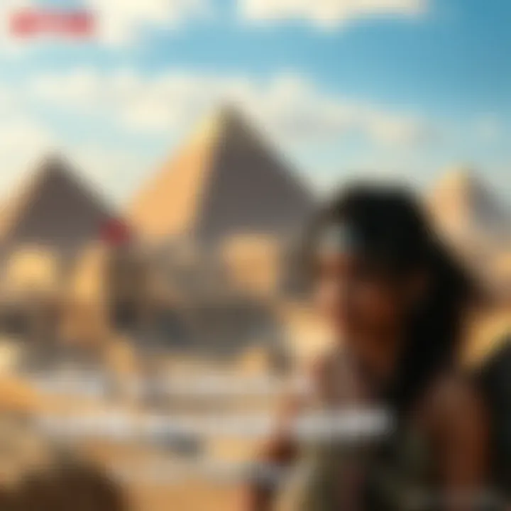 A character exploring famous Egyptian landmarks in Tomb Raider Egypt, showing pyramids and temples in the background.