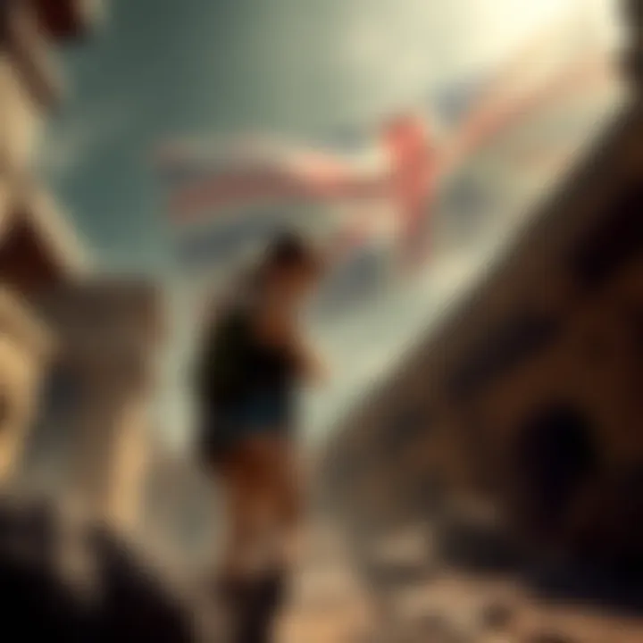 A scene showing Lara Croft exploring an ancient temple with a British flag in the background, representing the British Prime Minister's context during the game's release.