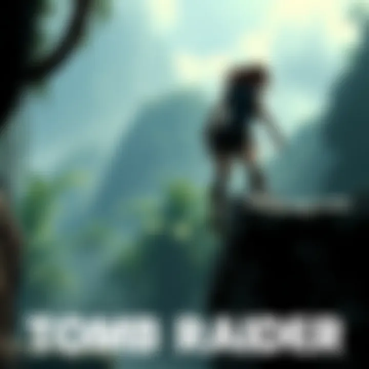 Tomb Raider Gameplay A character from Tomb Raider jumping over a ledge in a jungle setting, showcasing gameplay action from the series.