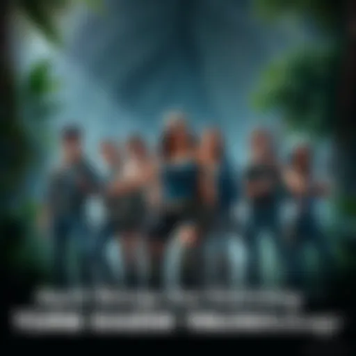 A group of characters from the Tomb Raider Trilogy standing together with adventure gear in a lush jungle setting