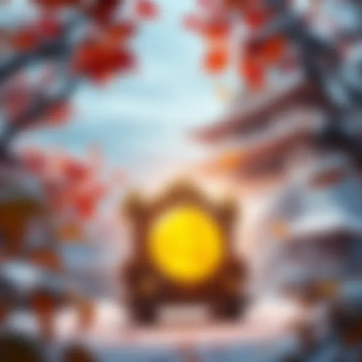 A scene showing Tomeji's Prize glowing in the foreground with Yura Castle in the background, surrounded by seasonal elements like autumn leaves and winter snow.
