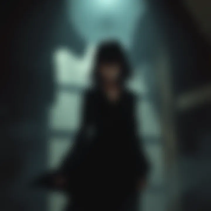 A mysterious character, Tomie, stands in a dimly lit room, her expression hinting at her immortality as shadows swirl around her.