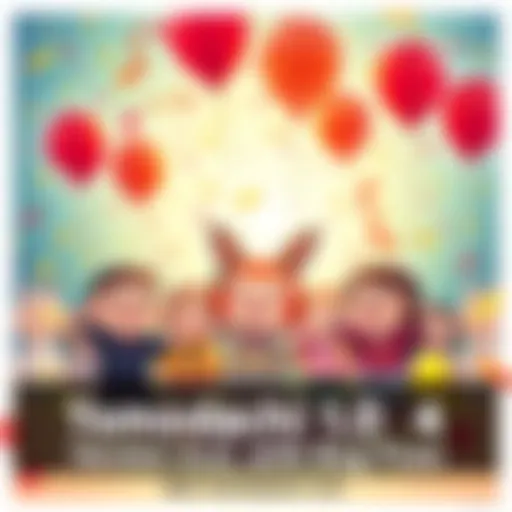 A screenshot of Tomodachi Life showing characters celebrating the new version update with confetti and balloons.