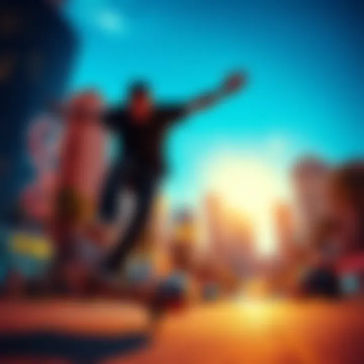 Tony Hawk performing a trick on his skateboard against a vibrant Los Angeles backdrop