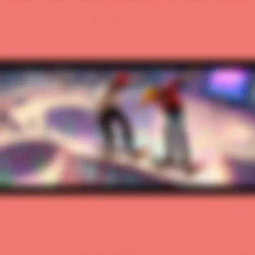 Two skaters doing tricks on a half-pipe in a colorful skate park setting representing the game