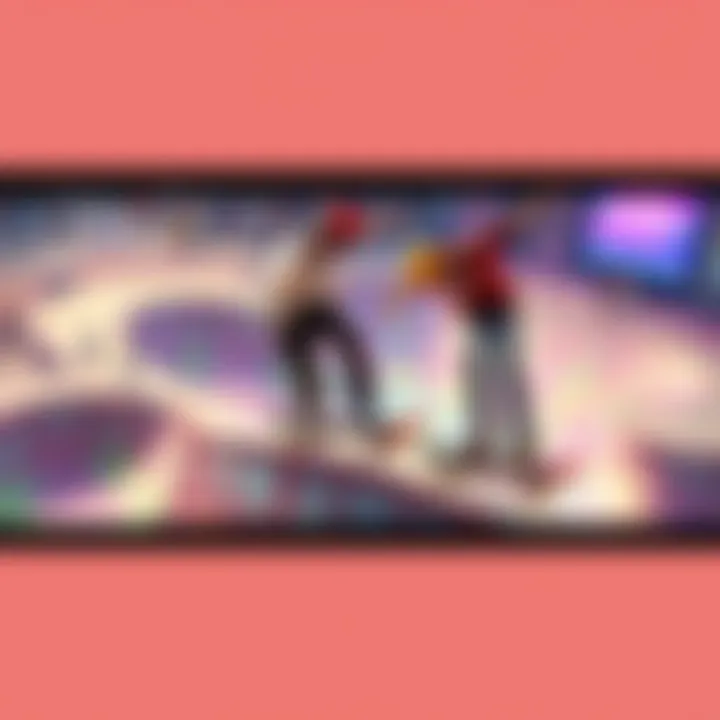 Two skaters doing tricks on a half-pipe in a colorful skate park setting representing the game