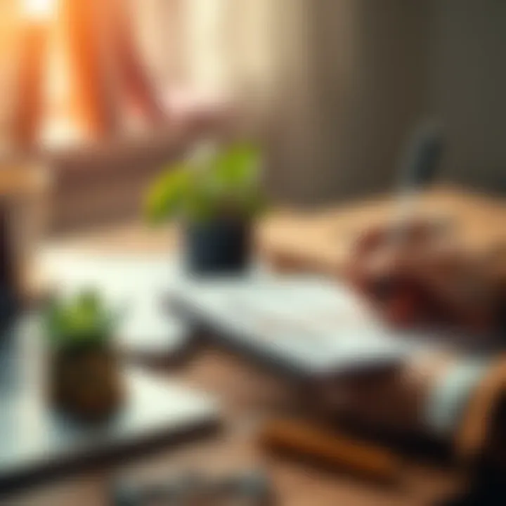 Tools for Personal Success Person holding a notebook and pen with a laptop and plant on the table, symbolizing productivity and personal development
