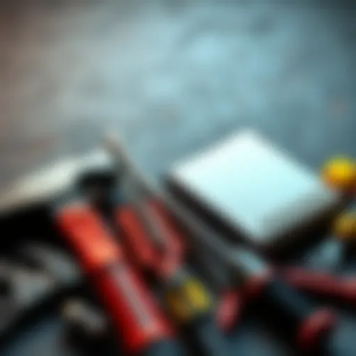 A collection of various tools like a hammer, screwdriver, and notebook used for different tasks