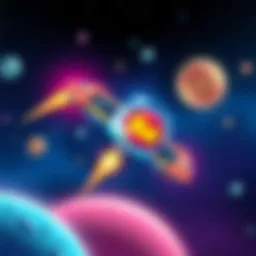 A vibrant cartoon-style spaceship flying in a starry space background with colorful planets