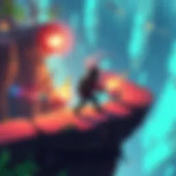 A player exploring a vibrant game world filled with unique platforms and roguelike combat elements in Tootum.