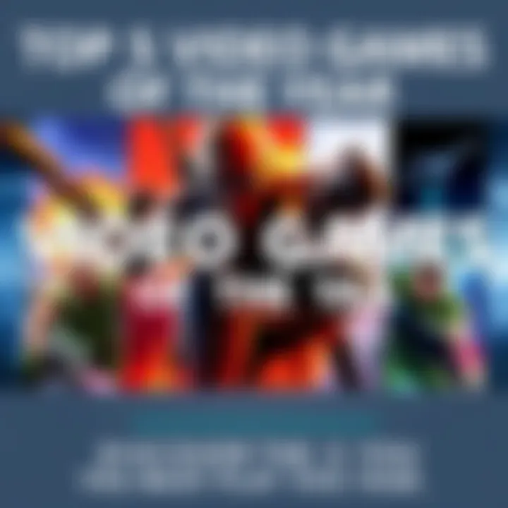 A colorful collage of game covers representing the top five video games, showcasing action and adventure themes.