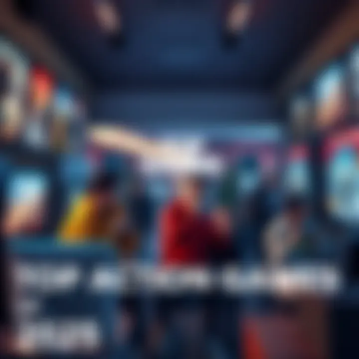 A group of gamers enjoying the latest action games in a lively setting, surrounded by game posters and consoles.