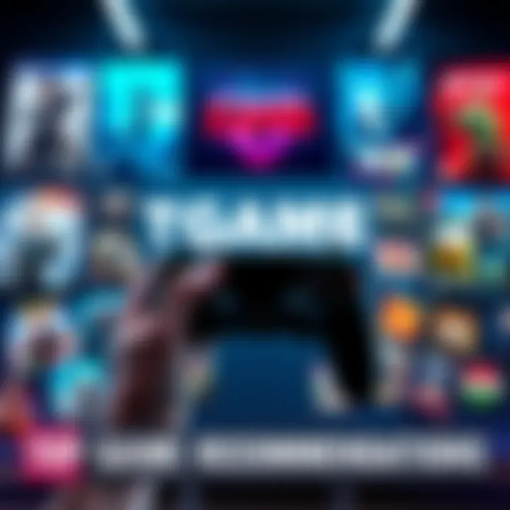 A person holding a gaming controller, surrounded by popular game titles and posters, showcasing a variety of gaming options.