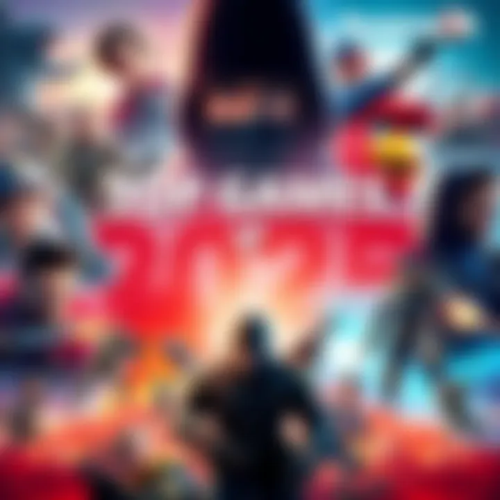 A vibrant collage of popular video game characters and scenes from the year 2025, representing various genres.