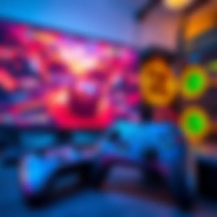 A controller next to a mid-range gaming PC setup with a monitor displaying vibrant game graphics.