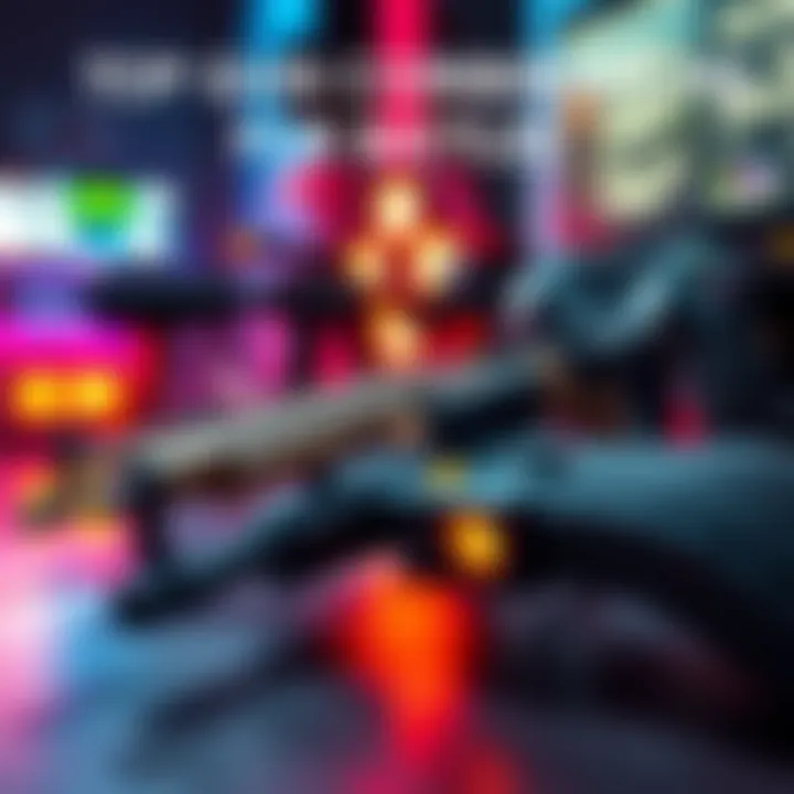 A collection of popular gun combos for PvP and PvE, showcasing various weapons and their setups, with a gaming controller in the background.