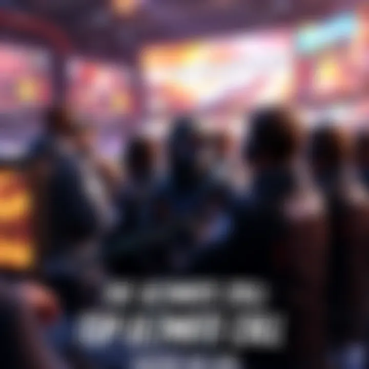 A group of competitive players in Overwatch League gear, showcasing their skills at a gaming event, with action-packed gameplay on screen.