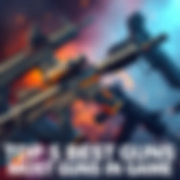 Illustration of top 5 powerful guns in a game setting, showcasing a DMR with customizable grips and sights, surrounded by other firearms, emphasizing their dominance in gameplay