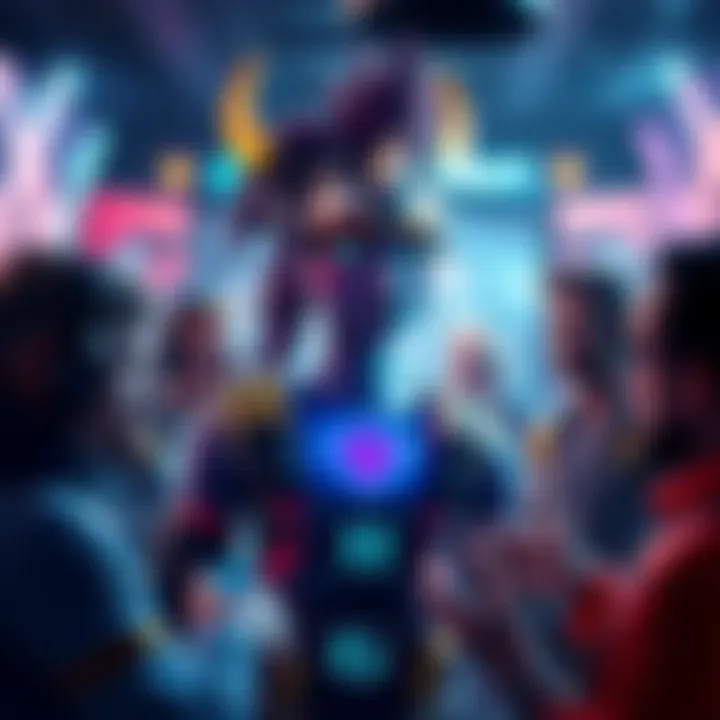 A vibrant avatar character with unique features and abilities, surrounded by players discussing its strengths in a gaming environment.