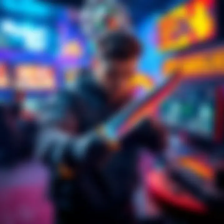 A skilled gamer showcases knife skills in a vibrant gaming setting