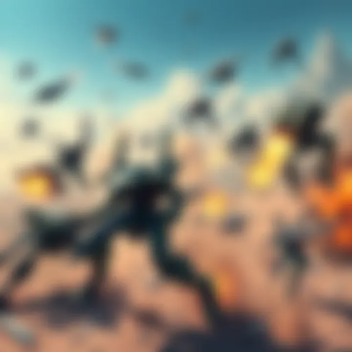 An action-packed scene of mechs battling in a top-down perspective, featuring various corporations and mission setups.