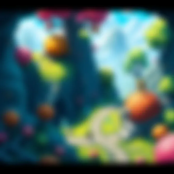 A vibrant game scene showing a character exploring a colorful world filled with trees, caves, and hidden paths, ideal for adventure lovers.