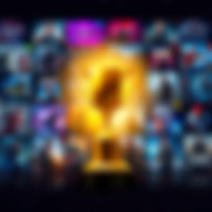 A collection of popular video game covers with a trophy in the center representing awards