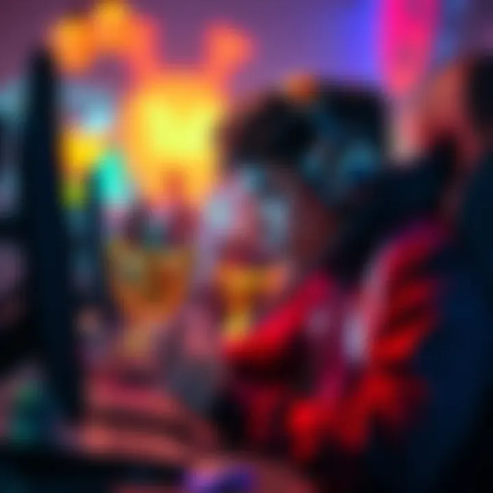 A skilled gamer intensely focused on their screen, surrounded by gaming gear and trophies, showcasing the competitive gaming environment.