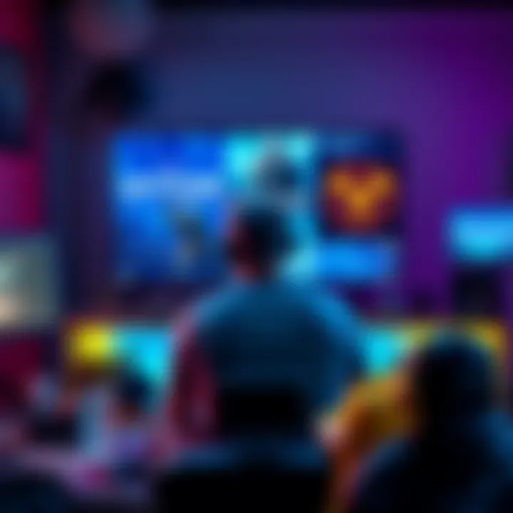 A gamer sits in front of a screen displaying Witcher 3, Cyberpunk, and Elden Ring, surrounded by gaming gear and snacks.
