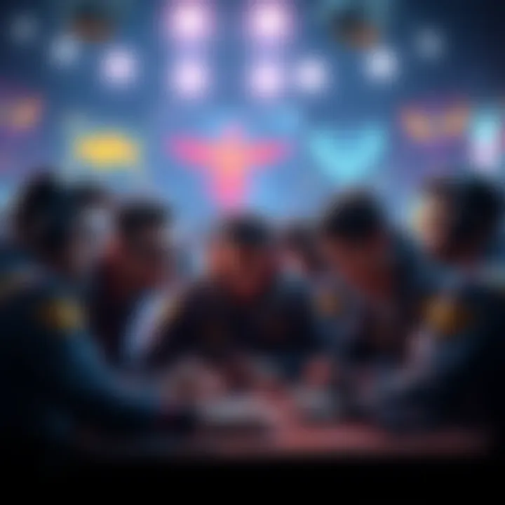 A group of skilled players strategizing together, focused on reaching the first prestige in the game, with game elements in the background.
