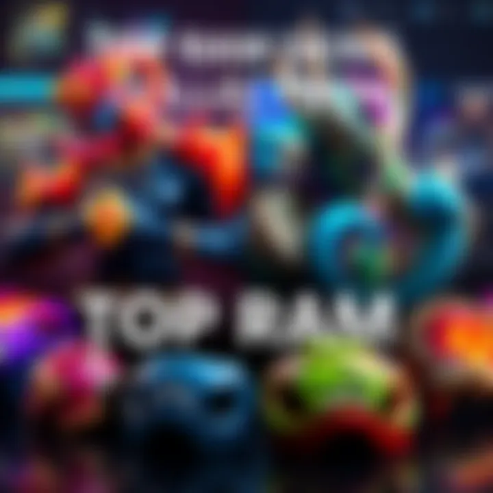 A colorful display of top RAM skins including Mefisto and Poseidon, showcasing their unique designs and rarity features, with a gaming background.