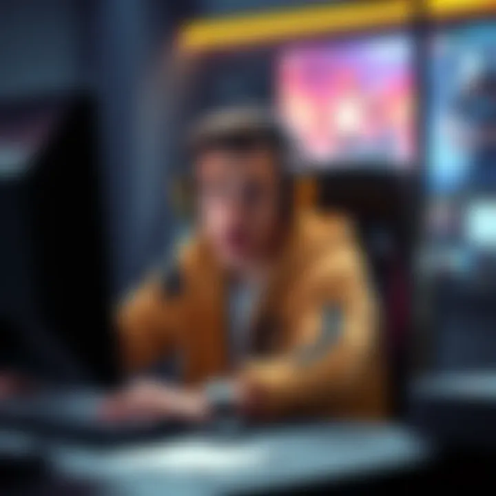 A competitive gamer sitting at a desk, looking shocked while staring at a computer screen with a game interface, symbolizing the controversy over account boosting.