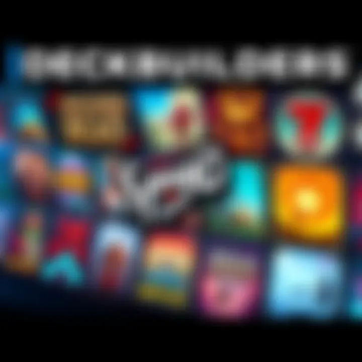 A collection of popular roguelike deckbuilding game covers on a digital display, showcasing vibrant art and engaging gameplay elements.