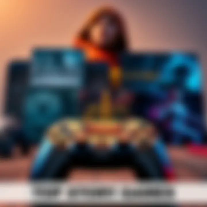 Top Story Games A collection of popular story-driven video games including A Plague Tale: Requiem and Elden Ring with a gaming controller in the foreground