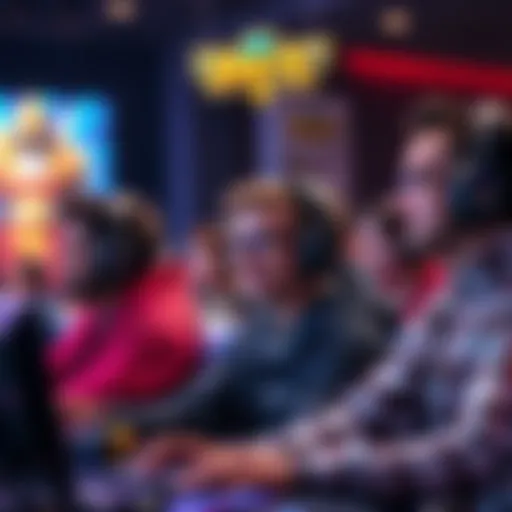 A group of top Smite 2 streamers engaged in gameplay, showcasing their skills and strategies, with colorful visuals from the game in the background.