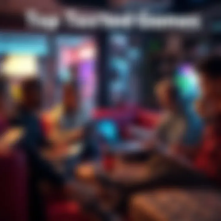 A group of gamers discussing their favorite text-based games in a cozy setting with laptops and notepads.