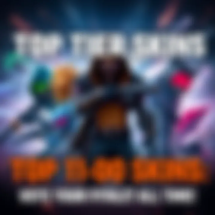 A collage showing various popular Tier 100 skins in gaming, highlighting their unique designs and colors, inviting votes from fans.