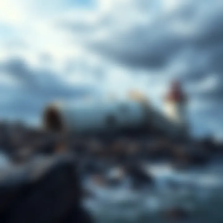 A toppled lighthouse on the rocky shore, surrounded by waves and debris, symbolizing its historical significance in maritime navigation.