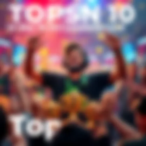 Topson celebrating his position in the top 10 of the EU leaderboard, surrounded by gaming trophies and a cheering crowd.