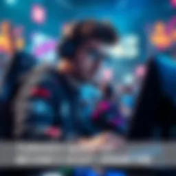 Topson playing Dota 2 with intense focus during a tournament match, surrounded by cheering fans and colorful screens.