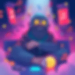 An illustration showing a character inspired by Torbjorn, surrounded by music notes and a vibrant playlist, with a relaxed vibe.