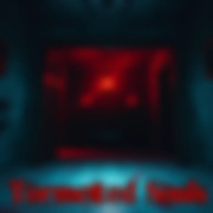A screenshot showing a dark, eerie room from Tormented Souls, featuring a spooky atmosphere and suspenseful lighting.