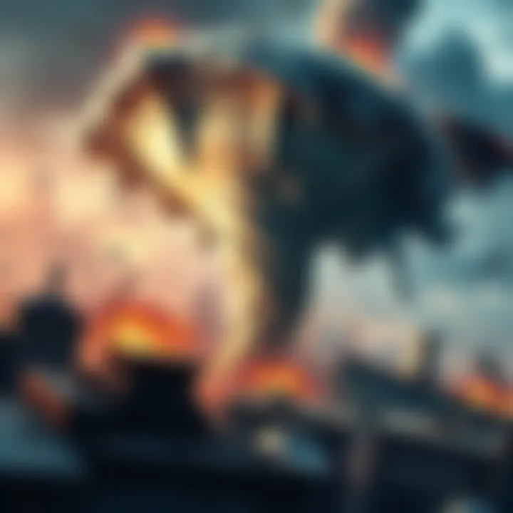 A tornado spinning violently, pulling debris and players into its vortex while buildings crumble around it