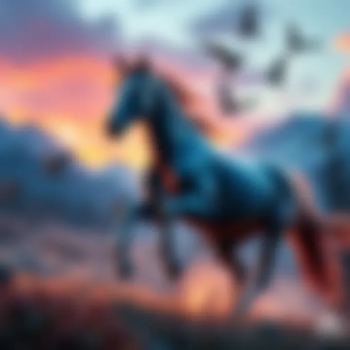 Torrent, the legendary horse, galloping through a vibrant fantasy world with mountains in the background