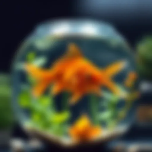 A bright orange fish swimming in a bowl with plants, symbolizing playful moments and companionship with Alexander.