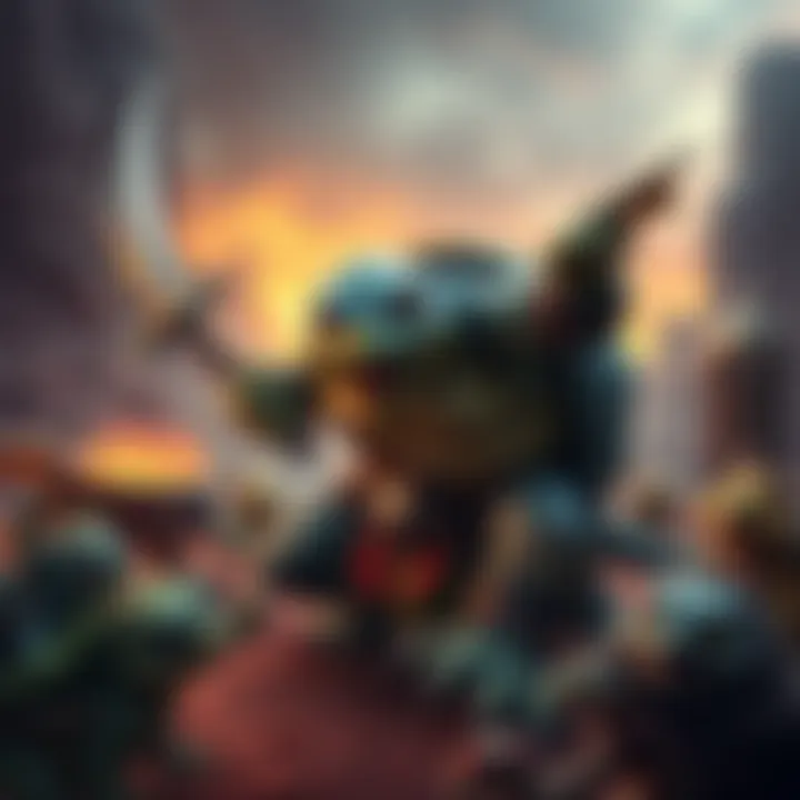 Tortle Barbarian and Monk in Action A Tortle character, half turtle and half humanoid, showcasing anger while wielding a weapon, surrounded by playful creatures, set in a fantasy landscape.