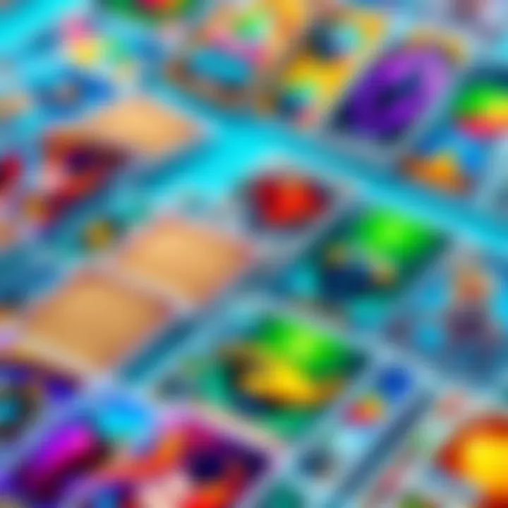 A colorful display of various game cards arranged neatly, showcasing their variety and design.